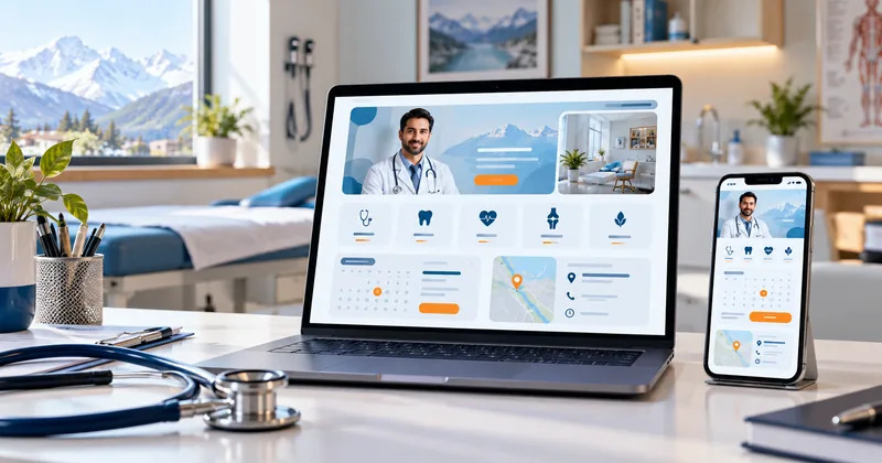 Illustrative clinic website on a laptop and phone showing a doctor profile and appointment request form