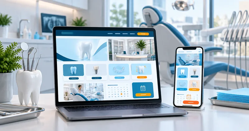 Illustrative dental clinic website on desktop and mobile with treatment information and consultation request form