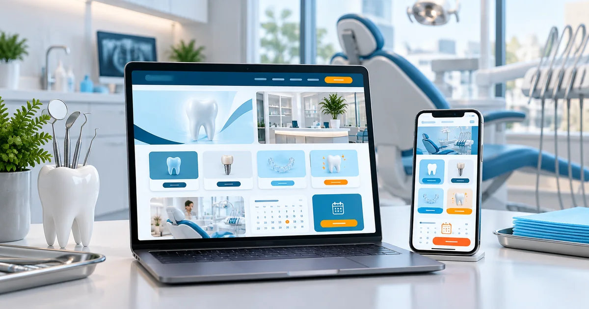 Illustrative dental clinic website on desktop and mobile with treatment information and consultation request form