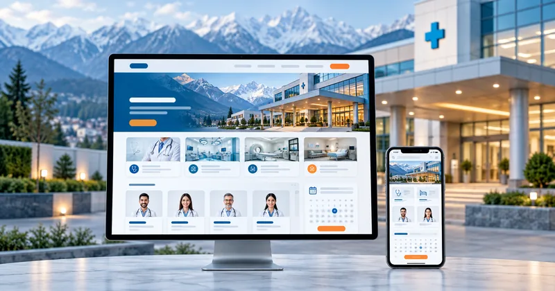 Illustrative hospital website on desktop and mobile with department and appointment interfaces