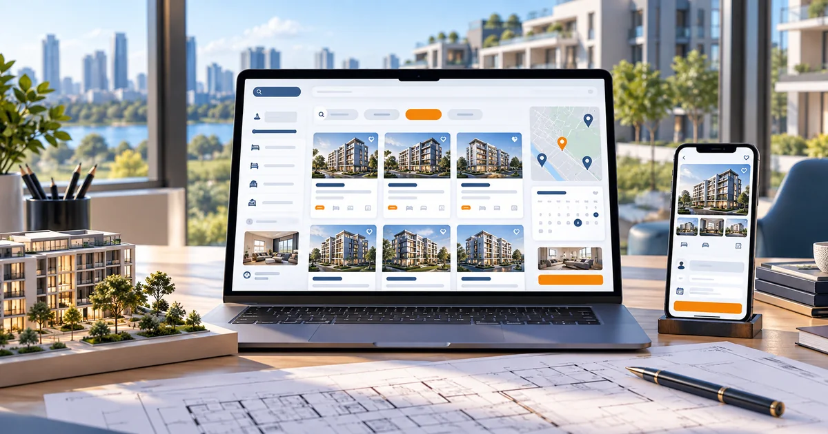 Illustrative real estate website on desktop and mobile with property listings, filters and enquiry form