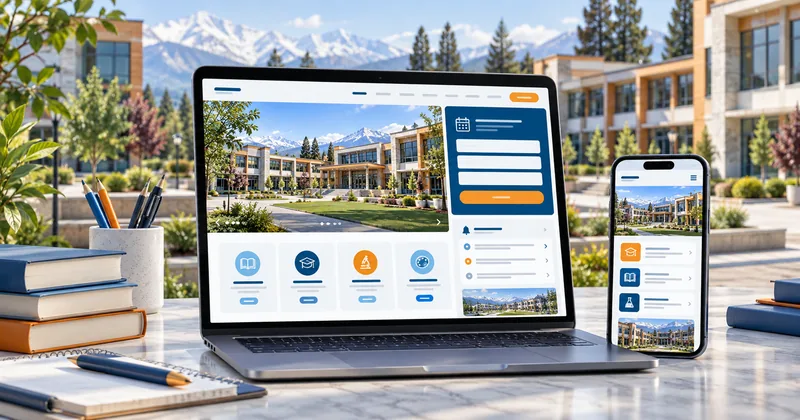 Illustrative school website on desktop and mobile with admissions information and school notices