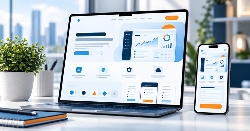 Illustrative SaaS website on desktop and mobile with product screenshots and a trial signup form
