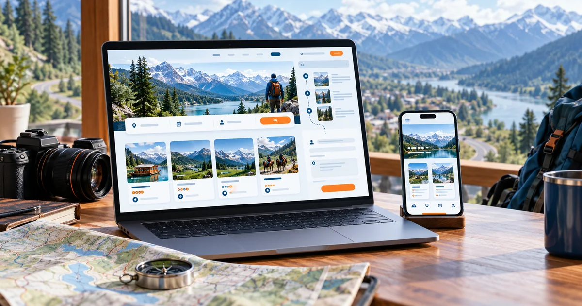 Illustrative travel agency website on desktop and mobile with tour packages and itinerary enquiry form