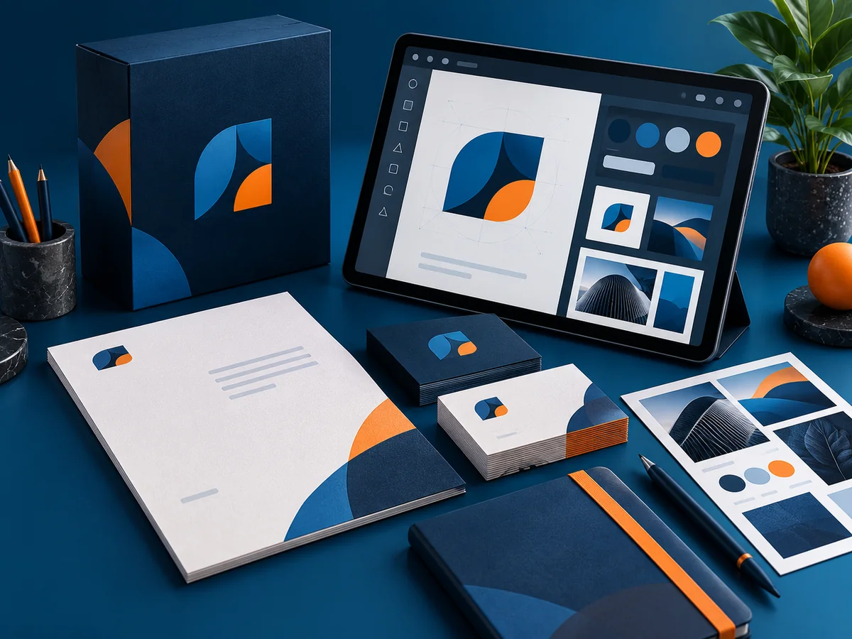 Fictional brand identity, stationery and packaging design shown on a digital canvas