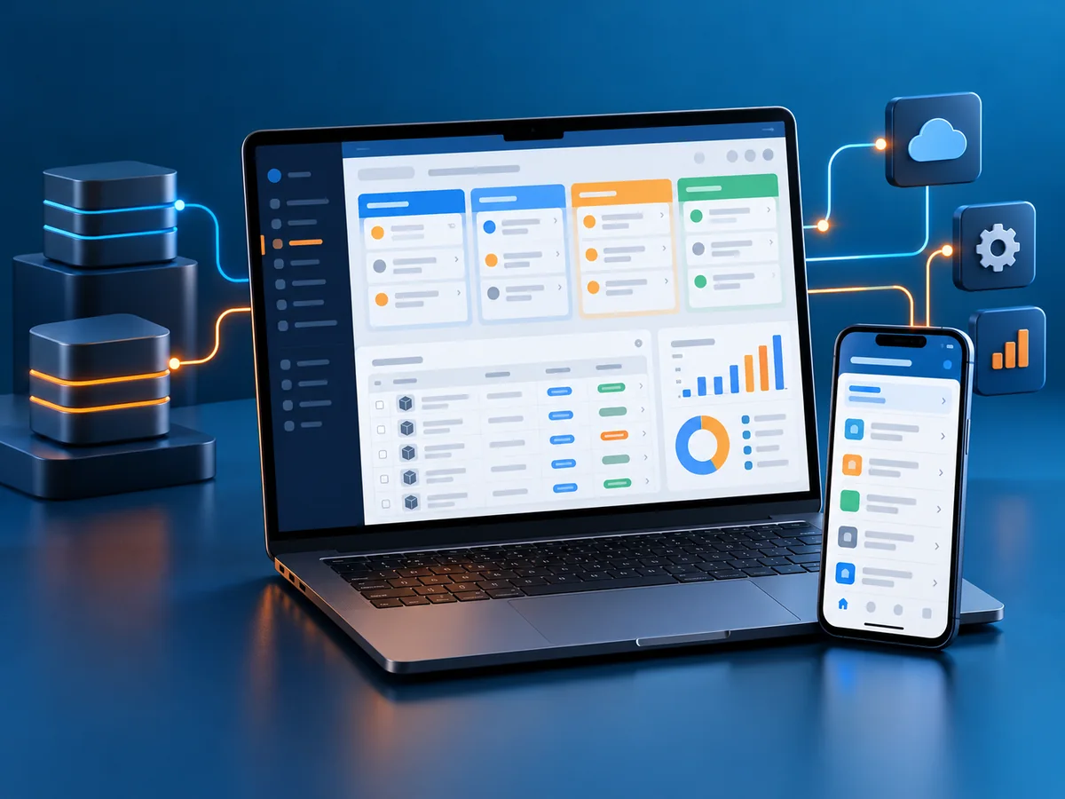 CRM, inventory and business reporting dashboards as connected system screens